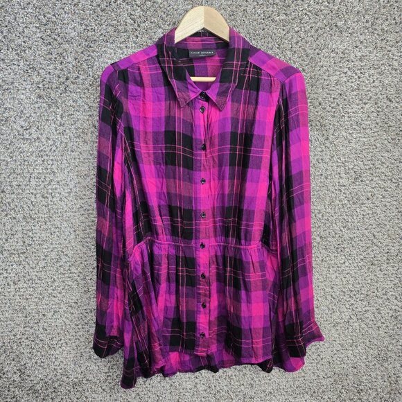 Lane Bryant‎ Top Womens Plus 18 Purple Plaid Button Up Blouse Elastic Waist - Picture 1 of 7
